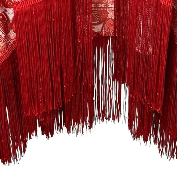 Ember Boho Fringe Kimono Cardigan Red Paisley Bandana Print Open Front Oversized - Picture 8 of 13